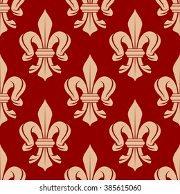 Ornate medieval french floral ornament with seamless fleur-de-lis pattern on bright red background. Fabric, textile or interior design