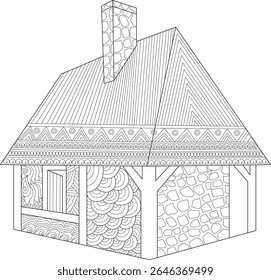 Ornate medieval house drawing for coloring, with distinct patterns and a stone chimney, historical architecture line art.