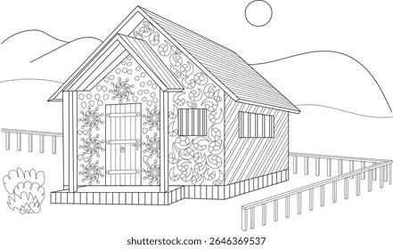 Ornate Medieval Inspired House Drawing: Detailed Black and White Line Art Illustration for Coloring Books, Featuring a Stylized Cottage with Decorative Patterns, Mountains, and Sun