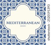 Ornate Mediterranean frame with navy blue and white floral tile motifs. Perfect for invitations, packaging, and wedding decorations projects. Portuguese and Moroccan ceramics, elegant and timeless.