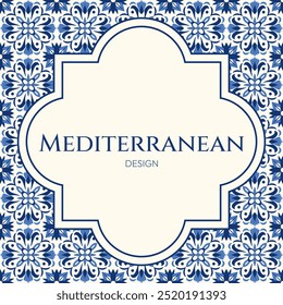 Ornate Mediterranean frame with navy blue and white floral tile motifs. Perfect for invitations, packaging, and wedding decorations projects. Portuguese and Moroccan ceramics, elegant and timeless.