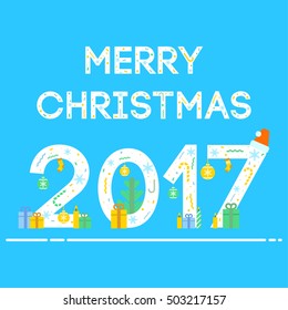Ornate Merry Christmas 2017 greeting on blue background vector icon. New Year and Christmas celebration topic. 