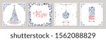 Ornate Merry Christmas greeting cards. Trendy square Winter Holidays art templates. Suitable for social media post, mobile apps, banner design and web/internet ads. Vector fashion background.