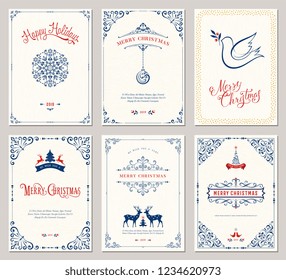 Ornate Merry Christmas greeting cards templates. Vector illustration.