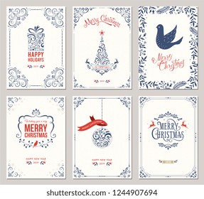 Ornate Merry Christmas greeting cards templates. Vector illustration.