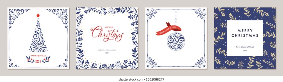 Ornate Merry Christmas greeting cards. Trendy square Winter Holidays art templates. Suitable for social media post, mobile apps, banner design and web/internet ads. Vector fashion background.