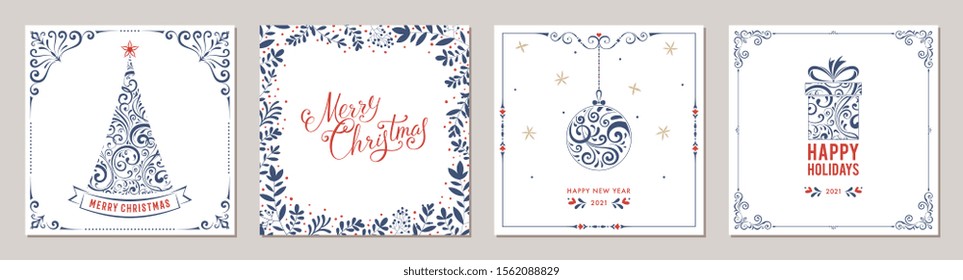 Ornate Merry Christmas greeting cards. Trendy square Winter Holidays art templates. Suitable for social media post, mobile apps, banner design and web/internet ads. Vector fashion background.