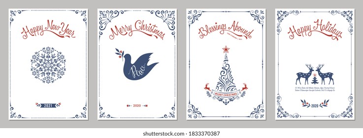 Ornate Merry Christmas greeting cards. Universal trendy business and corporate Winter Holidays art templates. Vector backgrounds.