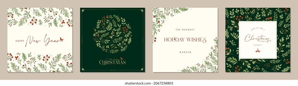 Ornate Merry Christmas greeting cards. Trendy square Winter Holidays art templates. Suitable for social media post, mobile apps, banner design and web, internet ads. Vector fashion background.