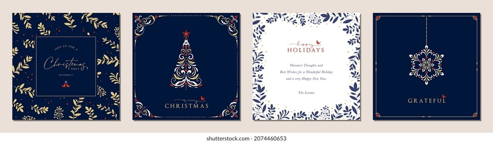 Ornate Merry Christmas greeting cards. Trendy square Winter Holidays art templates with decorative Christmas ornament, snowflake, Christmas tree, floral background and frames. 