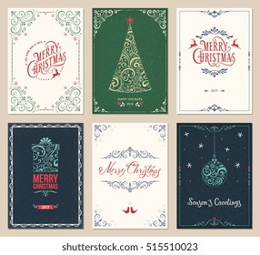 Ornate Merry Christmas greeting cards templates. Vector illustration.