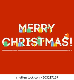 Ornate Merry Christmas greeting on red background vector icon. New Year and Christmas celebration topic. 