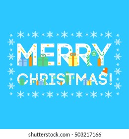 Ornate Merry Christmas greeting in snowflakes frame on blue background vector icon. New Year and Christmas celebration topic. 