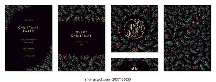 Ornate Merry Christmas and Happy Holidays cards with branches, berries, birds, floral frames and backgrounds design. Modern universal artistic templates. 