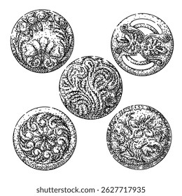 ornate metal button set hand drawn. antique decorative, brass collectible, fashion accessory ornate metal button vector sketch. isolated black illustration