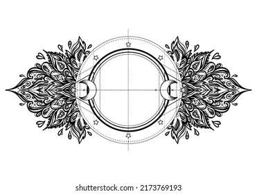 Ornate moon frame. Sacred Geometry. Ayurveda symbol of harmony and balance. Tattoo flesh design, yoga logo. Boho print, poster, t-shirt textile. Anti stress book. Isolated vector illustration. 