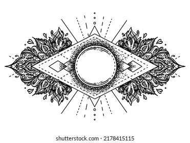 Ornate moon frame. Sacred Geometry. Ayurveda symbol of harmony and balance. Tattoo flesh design, yoga logo. Boho print, poster, t-shirt textile. Anti stress book. Isolated vector illustration. 