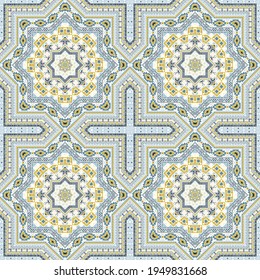 Ornate moroccan zellige tile seamless rapport. Geometric texture vector motif. Quilt print design. Stylized moroccan zellige tilework seamless pattern. Geometric shapes wallpaper.