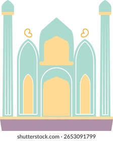 Ilustração ornamentada de mesquita com detalhes em crescente dourado e estrutura simétrica, perfeita para a decoração do Ramadã, convites do Eid ou cartazes islâmicos.