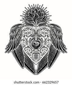 Ornate mystic eye inside the the decorative heart,with wings. Vintage alchemy and gothic style inspired art. Vector illustration isolated. Tattoo design, trendy romance symbol for your use.

