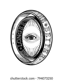 Ornate mystic eye inside the decorative ring with an inscription . Vintage alchemy and gothic style inspired art. Vector illustration isolated. Tattoo design, trendy romance symbol for your use.
