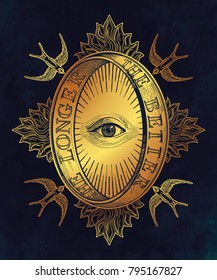 Ornate mystic eye inside the decorative ring with an inscription . Vintage alchemy and gothic style inspired art. Vector illustration isolated. Tattoo design, trendy romance symbol for your use.
