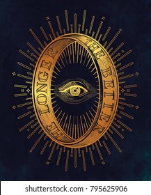 Ornate mystic eye inside the decorative ring with an inscription . Vintage alchemy and gothic style inspired art. Vector illustration isolated. Tattoo design, trendy romance symbol for your use.
