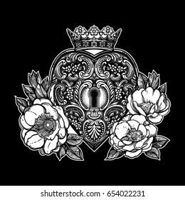 Ornate mystic key hole inside the the decorative heart with beautiful wild roses and crown. Vintage style inspired art.Vector illustration isolated.Tattoo design, trendy romance symbol for your use.

