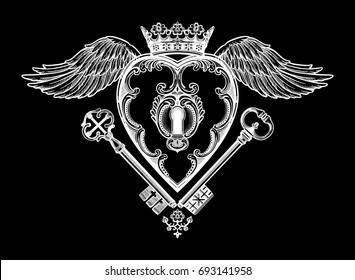 Ornate mystic key hole inside the the decorative heart with wings, crown and keys.Vintage style inspired art.Vector illustration isolated.Tattoo design, trendy romance symbol for your use.



