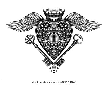 Ornate mystic key hole inside the the decorative heart with wings, crown and keys.Vintage style inspired art.Vector illustration isolated.Tattoo design, trendy romance symbol for your use.



