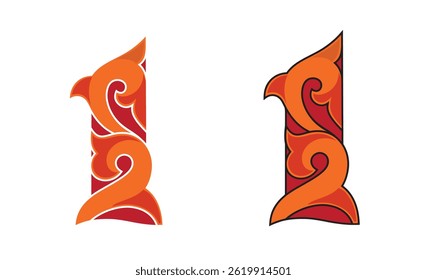 Ornate Number 1 color based in red with white and black stroke, vector illustration isolated on white background, eps