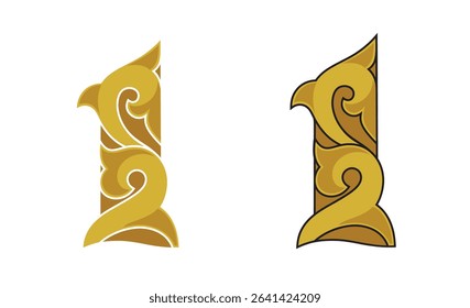 Ornate Number 1 (one) based in color gold with white and black stroke, eps