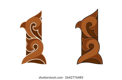 Ornate Number 1 (one) in Farbe braun mit weißem und schwarzem Strich, eps