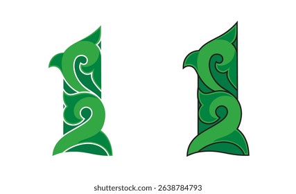Ornate Number 1 (one) color based in green with white and black stroke, eps