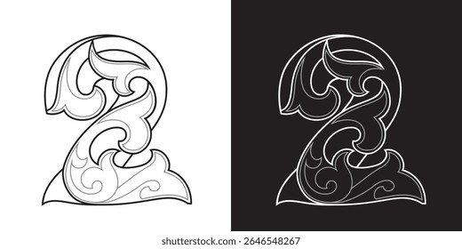 Ornate Number 2 in black and white outline, vector illustration isolated, eps