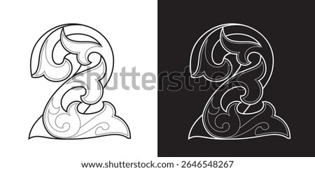 Ornate Number 2 in black and white outline, vector illustration isolated, eps