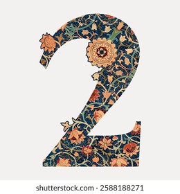 Ornate number 2 with floral design. Floral patterns and intricate details adorn the number 2. Decorative number 2 with flowers and leaves. Elegant floral number. Vintage font illustration vector.