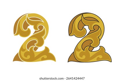 Ornate Number 2 (two) based in color gold with white and black stroke, eps