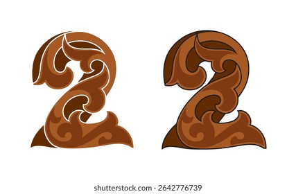 Ornate Number 2 (two) based in color brown with white and black stroke, eps