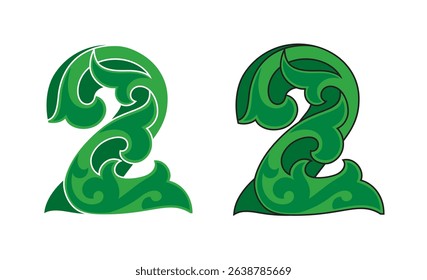 Ornate Number 2 (two) color based in green with white and black stroke, eps