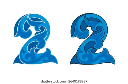 Ornate Number 2 (two) color based in blue with white and black stroke, eps