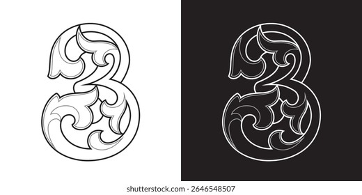 Ornate Number 3 in black and white outline, vector illustration isolated, eps
