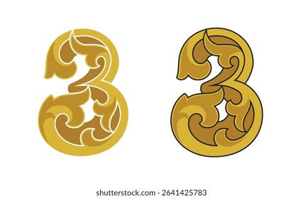Ornate Number 3 (three) based in color gold with white and black stroke, eps