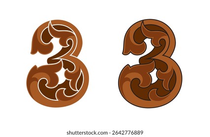 Ornate Number 3 (three) based in color brown with white and black stroke, eps