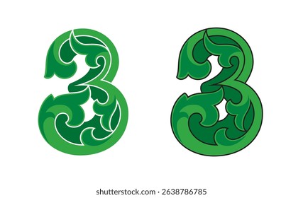 Ornate Number 3 (three) color based in green with white and black stroke, eps