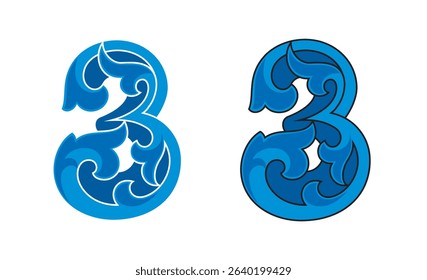 Ornate Number 3 (three) color based in blue with white and black stroke, eps