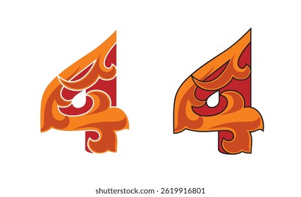 Ornate Number 4 color based in red with white and black stroke, vector illustration isolated on white background, eps
