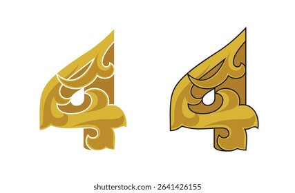 Ornate Number 4 (four) based in color gold with white and black stroke, eps
