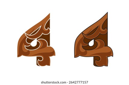 Ornate Number 4 (four) based in color brown with white and black stroke, eps
