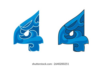 Ornate Number 4 (four) color based in blue with white and black stroke, eps